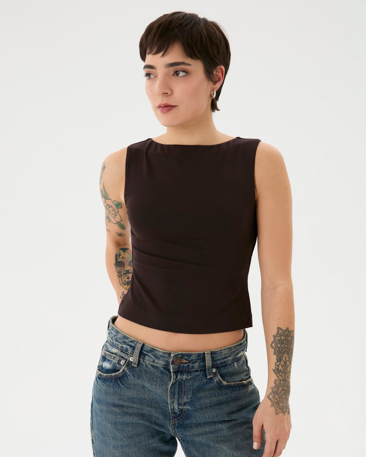 Kahverengi Kayık Yaka Bluz