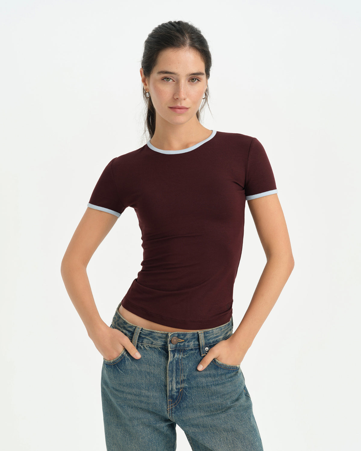 Kestane Kontrast Biyeli T-Shirt